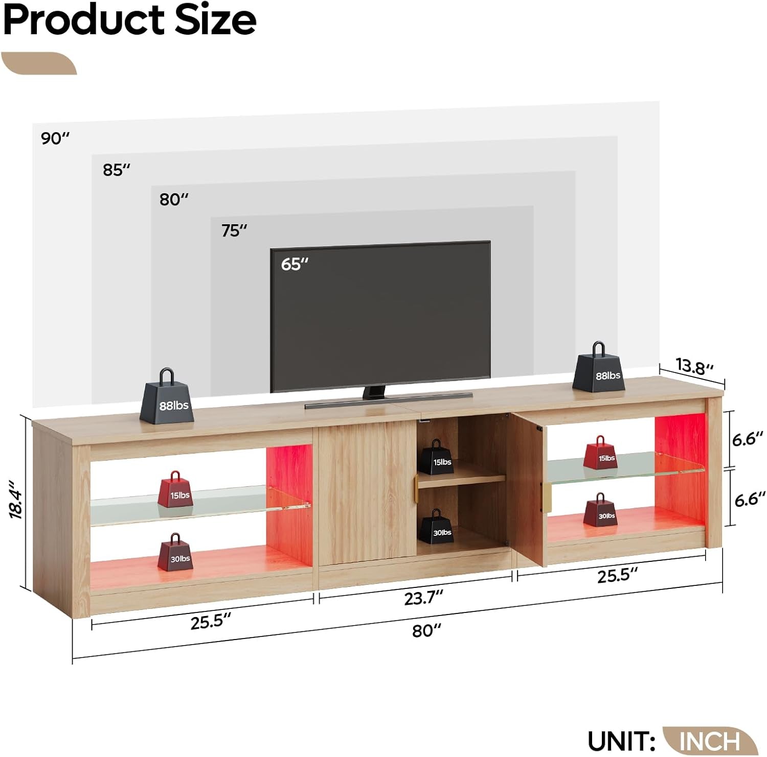 80 Inch TV Stand for 75/85/90 Inch Tvs, LED Entertainment Center with Fluted Storage Cabinet & Adjustable Shelves, Modern Farmhouse Wooden TV Console for Living Room Bedroom, Natual Oak