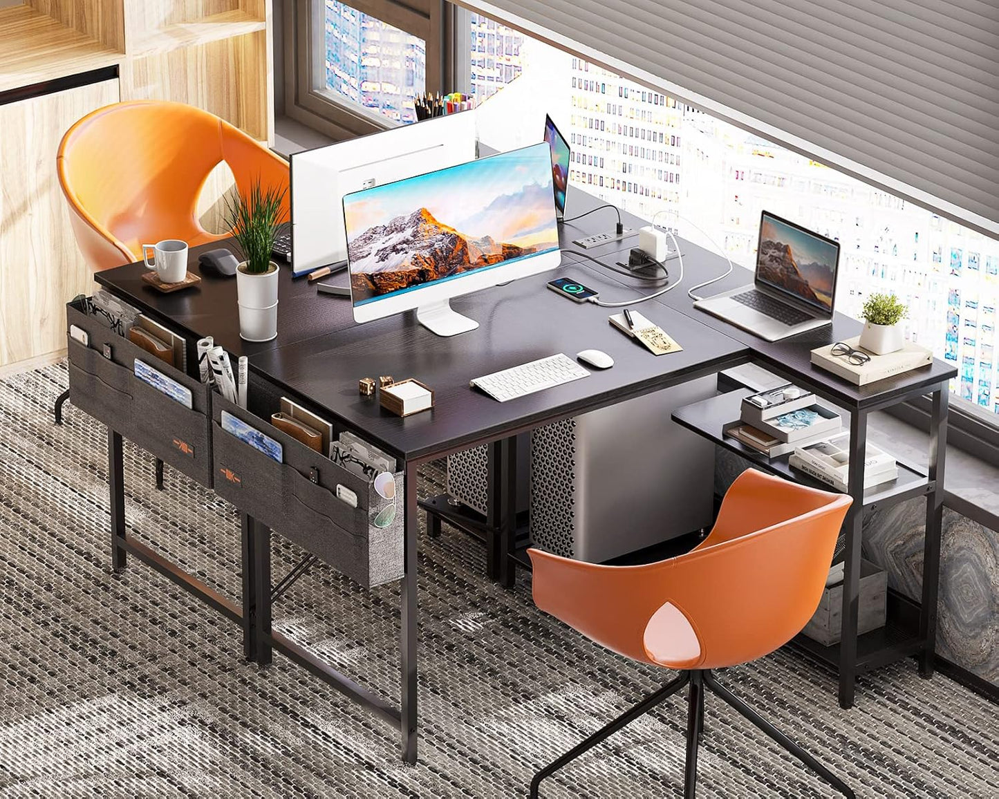 40 Inch Small L Shaped Gaming Computer Desk with Power Outlets, Reversible Storage Shelves & PC Stand for Home Office, Simple Writing Study Table with Storage Bag for Small Space, Black