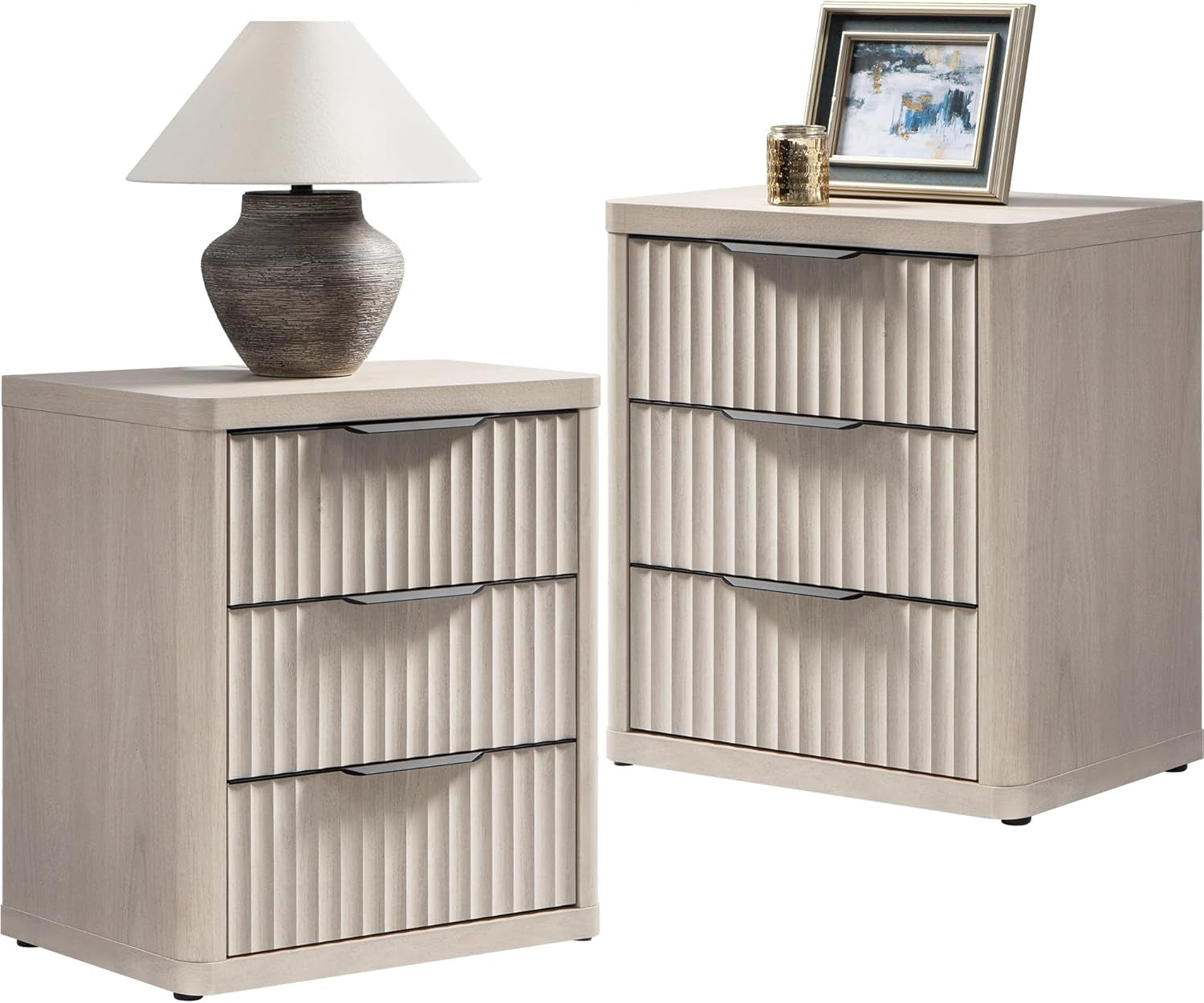 Night Stand Set of 2 Nightstands with 3 Drawers Storage Bedside Table Large Fluted Bed Side End Table Modern 25.6" Tall Wide Night Stands for Bedroom Living Room Sofa Couch Office, White Alder