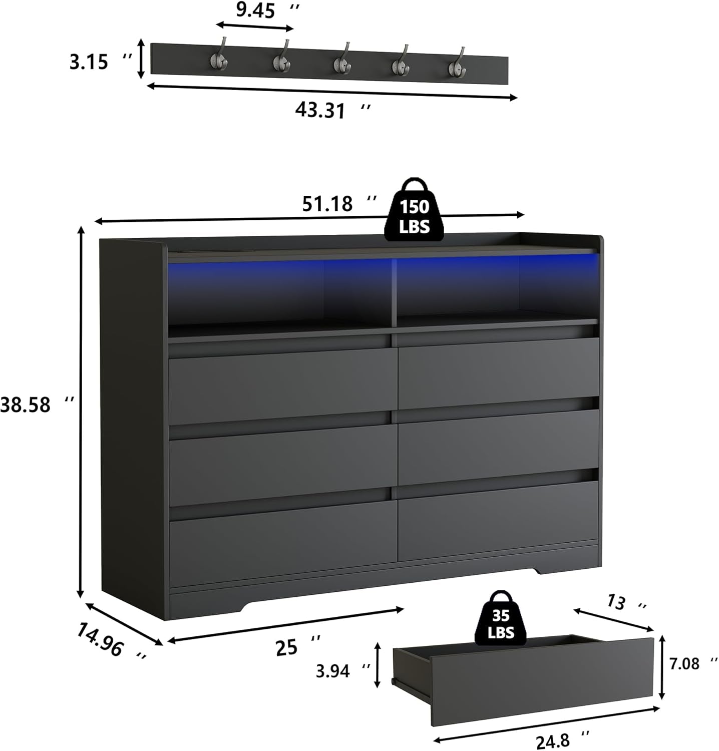 6 Drawer Dresser with Wall Hook, LED Lights & Power Outlet, Simply Chest of Drawers & Open Storage Shelves, Modern TV Stand Console Table Cabinet for Bedroom, Black