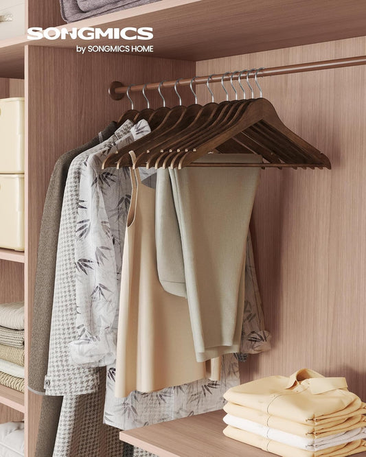 Wooden Hangers, Pack of 30, Coat Hangers, Pants Bar, 360° Swivel Hooks, Solid Birch Wood, Space Saving, for Jackets, Shirts, Coats, Walnut Brown UCRW030K02