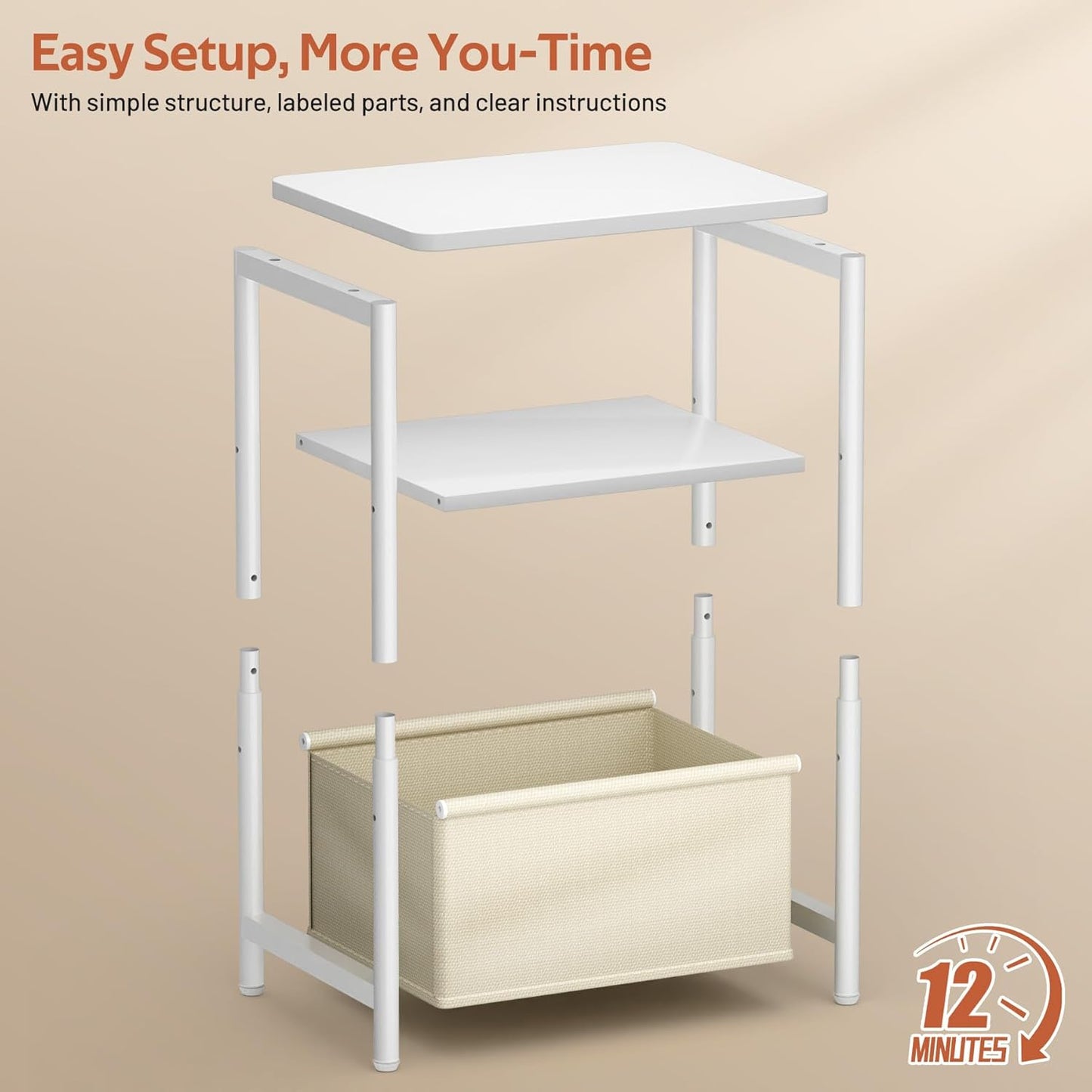 Nursery Side Table for Living Room with Large Storage Tabletop Small End Tables for Small Spaces with Fabric Basket White Bedside Table Toddler Night Stand for Bedroom, Sofa, Dorm, Office