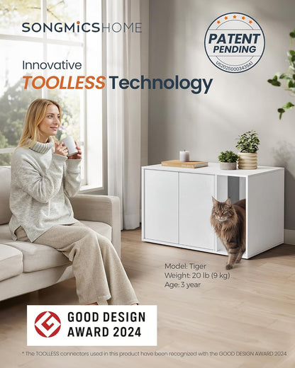Cat Litter Box Enclosure, Superfast Toolless Assembly, Litter Box Furniture for Large Cats, Display Side Table, Push-To-Open Doors, Minimalist Modern, Snow White UPCL013W01