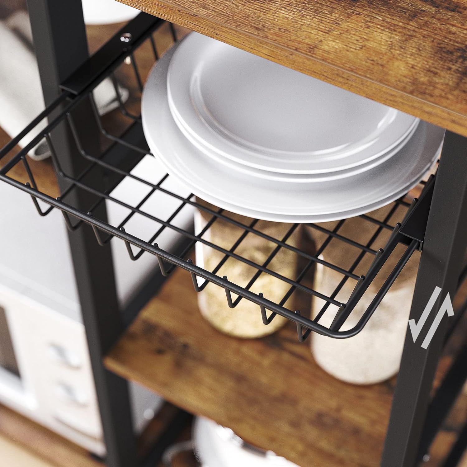 Baker'S Rack, Coffee Bar Stand with Charging Station, 33 Inches Tall, Storage Shelves, Pull-Out Wire Basket, Table for Microwave, Kitchen, Rustic Brown and Ink Black UKKS90X