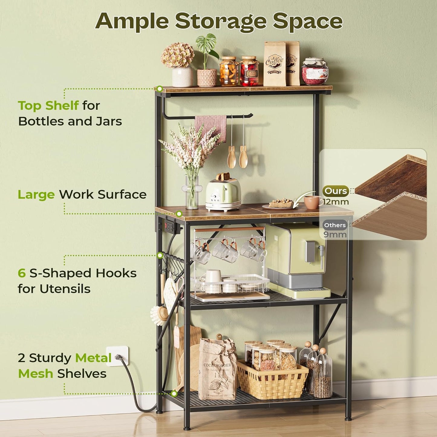 4-Tier Bakers Rack with Reversible Power Outlet, 23.6 Inch Microwave Stand, Kitchen Coffee Bar, with Top Shelf, 6 S Hooks, Rustic Brown