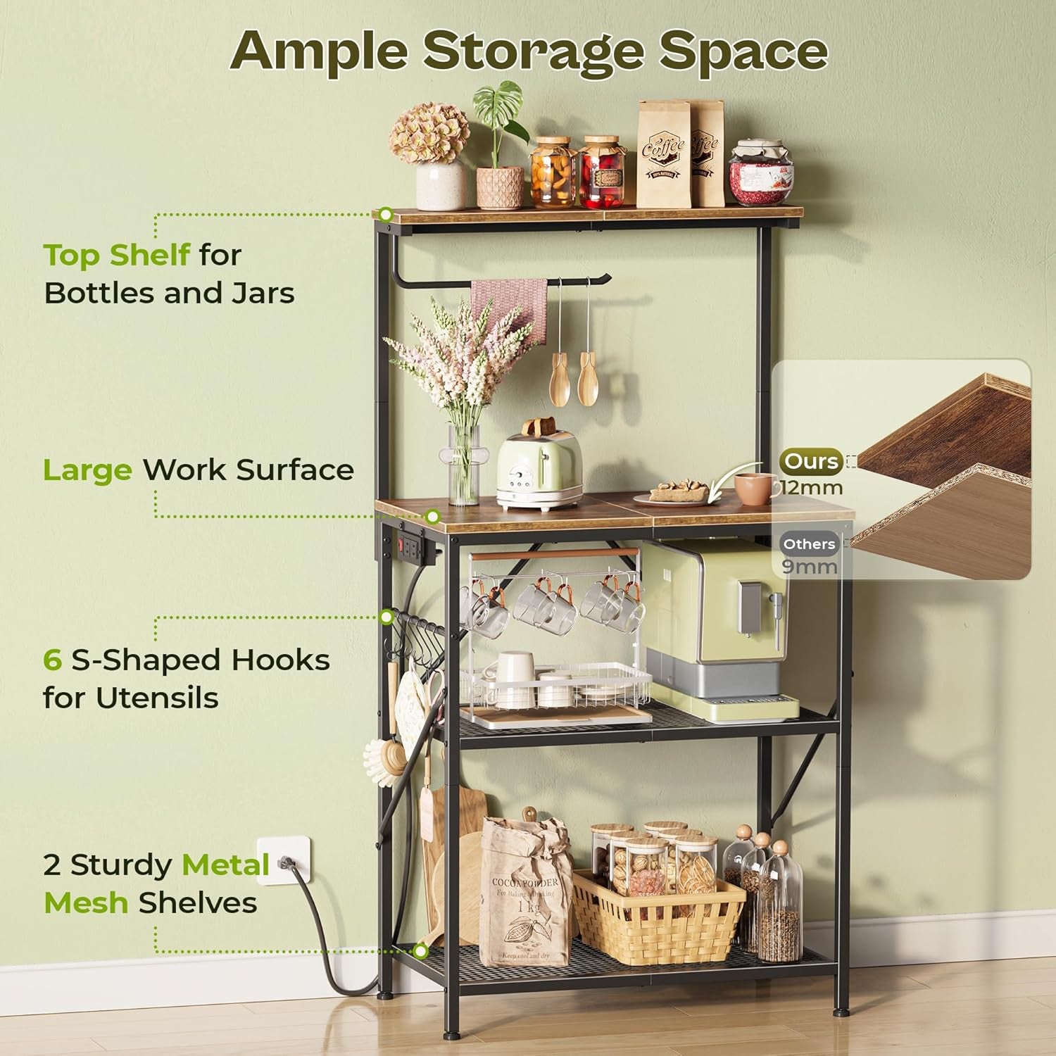 4-Tier Bakers Rack with Reversible Power Outlet, 23.6 Inch Microwave Stand, Kitchen Coffee Bar, with Top Shelf, 6 S Hooks, Rustic Brown