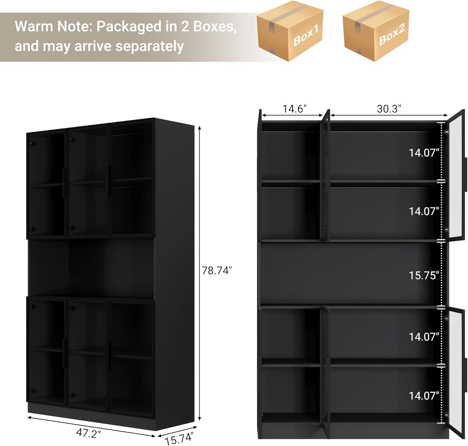 78.7" H Display Cabinet with 6 Glass Doors and Lights, Storage Cabinets Modern Bookcase with Hutch for Collectible, Display Case Trophy Case, Black