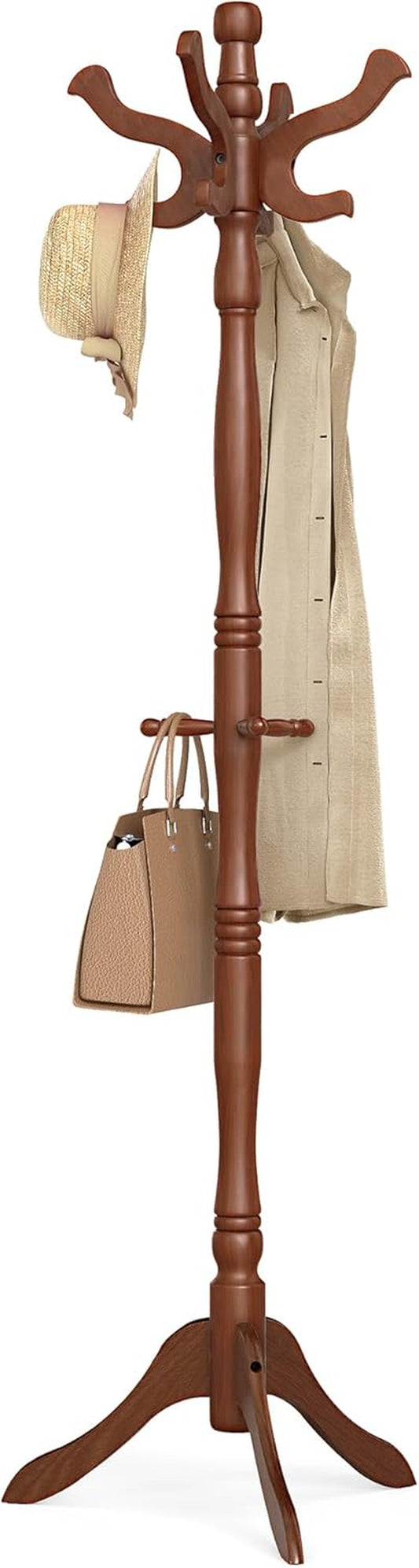 Coat Stand, Solid Wood Freestanding Coat Rack with 11 Hooks, Hall Tree for Bags, Purses, Hats, for Entryway, Hallway, Rubberwood, Caramel Brown URCR05WN