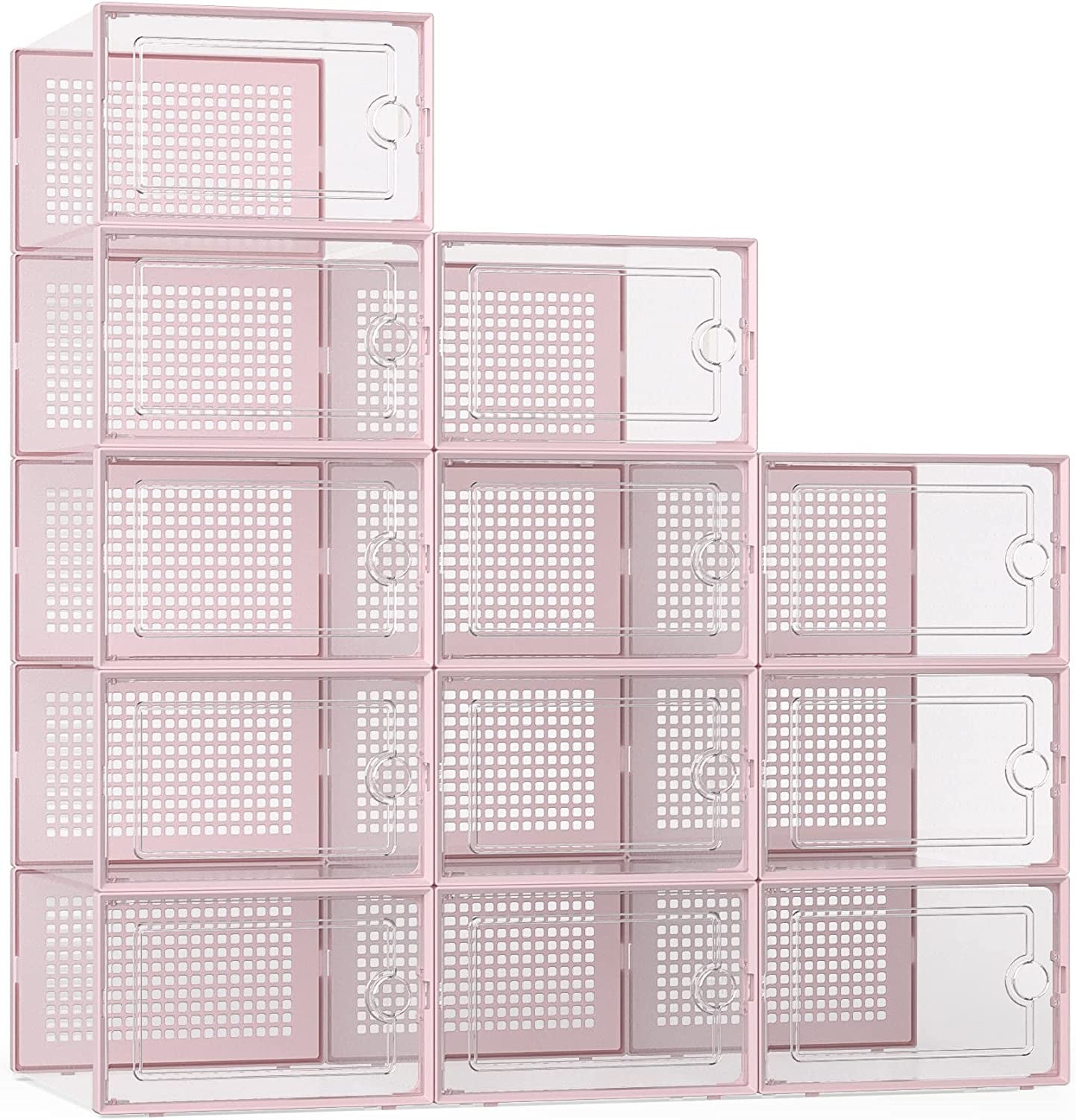 X-Large Shoe Storage Boxes Organizers Clear Plastic Stackable 12 Pack, Shoe Rack & Holder Substitute, Sneaker Containers, Toy Storage Organizer Bins for Entryway, Closet, under Bed, Pink