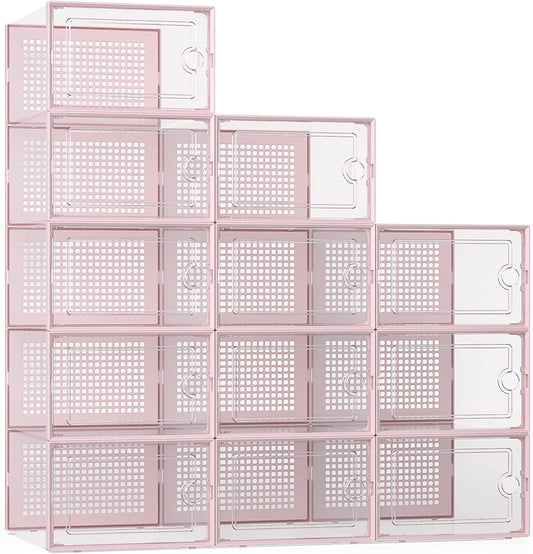 X-Large Shoe Storage Boxes Organizers Clear Plastic Stackable 12 Pack, Shoe Rack & Holder Substitute, Sneaker Containers, Toy Storage Organizer Bins for Entryway, Closet, under Bed, Pink