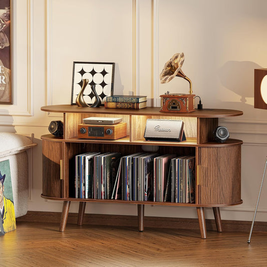 47.2 Inch Large Record Player Stand with Power Outlets & 3-Color Lights, Vinyl Record Stand with 2 Fluted Cabinets, USB-C Port, Mid Century Modern Player Stand, Open Storage, Walnut
