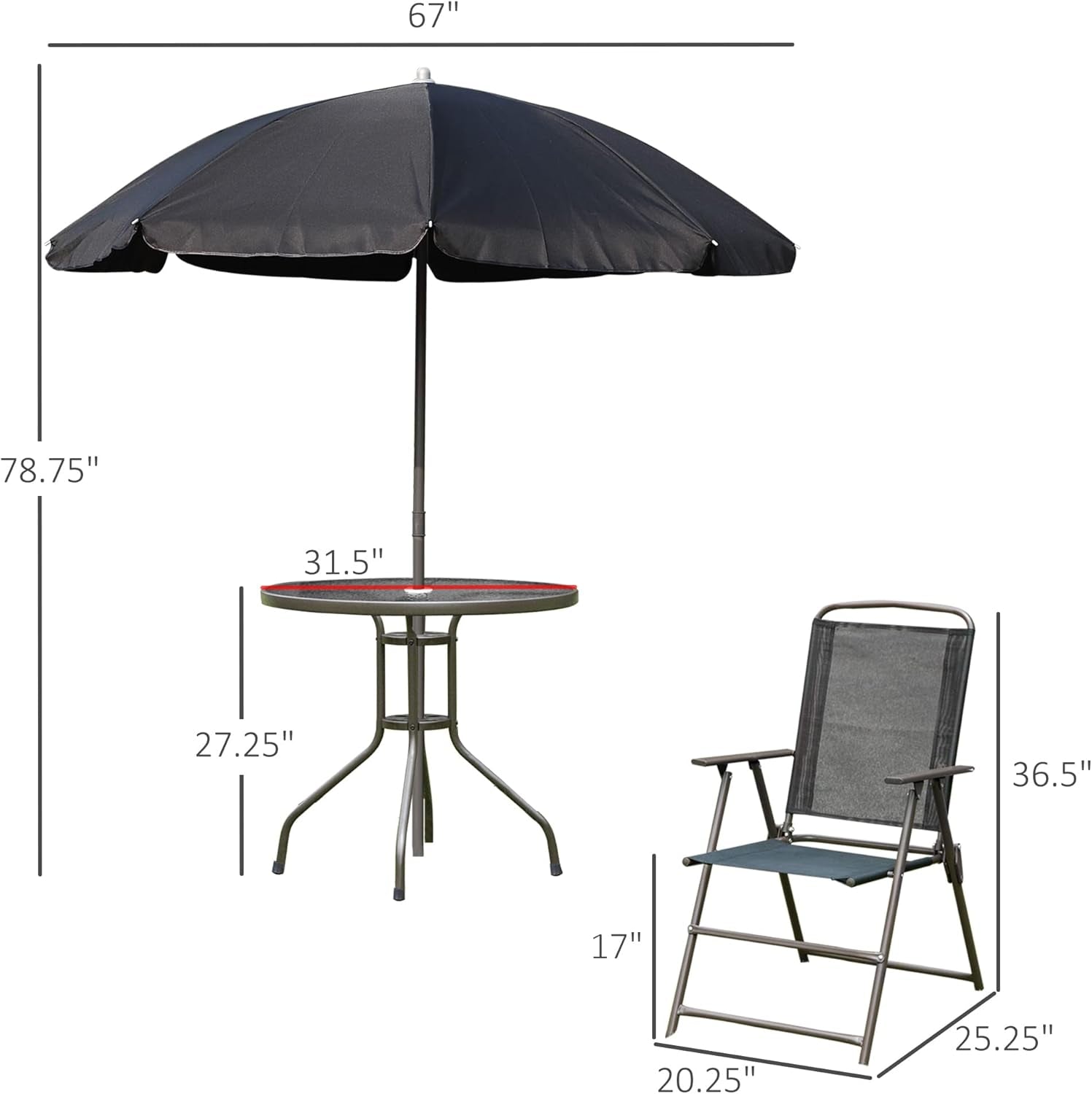 6 Piece Patio Dining Set for 4 with Umbrella, Outdoor Table and Chairs with 4 Folding Dining Chairs & round Glass Table for Garden, Backyard and Poolside, Black and Coffee