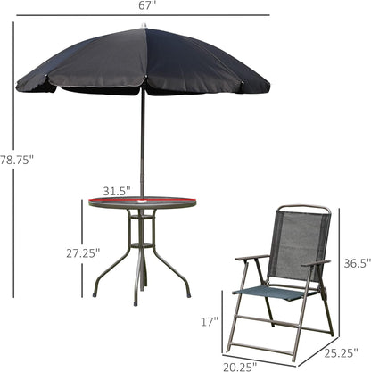 6 Piece Patio Dining Set for 4 with Umbrella, Outdoor Table and Chairs with 4 Folding Dining Chairs & round Glass Table for Garden, Backyard and Poolside, Black and Coffee