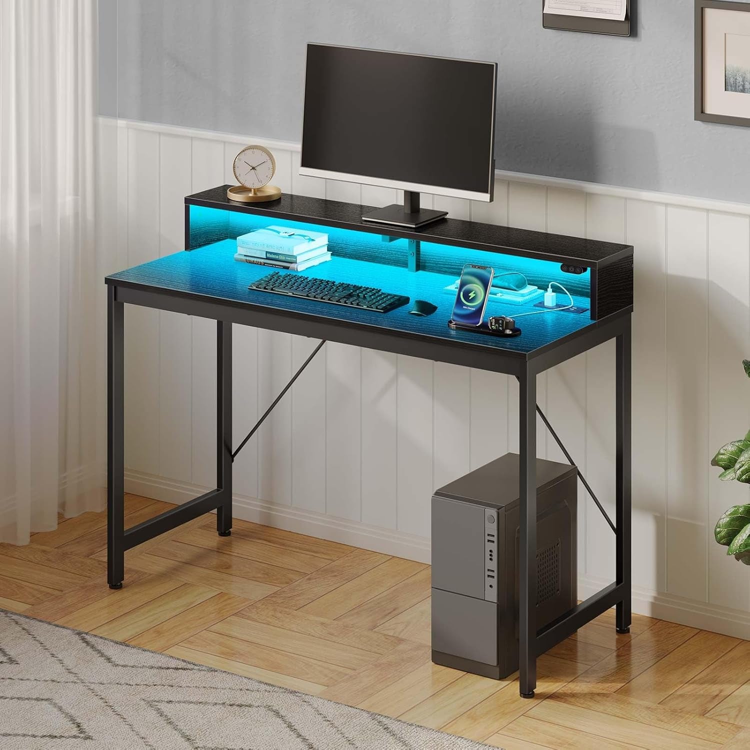 Computer Desk 39" with LED Lights & Power Outlets, Home Office Desk with Monitor Shelf, Gaming Desk,Writing Desk, Study Desk for Student & Kids, Black