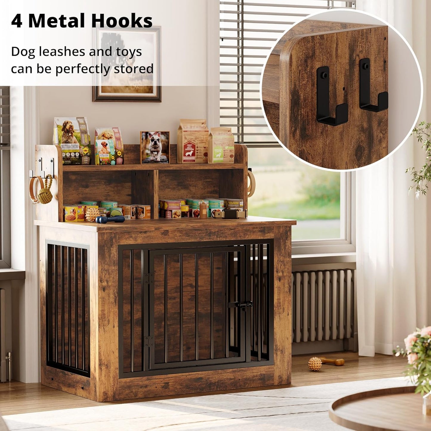 Dog Crate Furniture, 33.4 Inches Wooden Small Dog Crate with Storage and 4 Hooks, Heavy Duty Pet Crate for Small Dog, Decorative Pet Cage for Indoor (22" L X 33.4" W X 37.4" H)