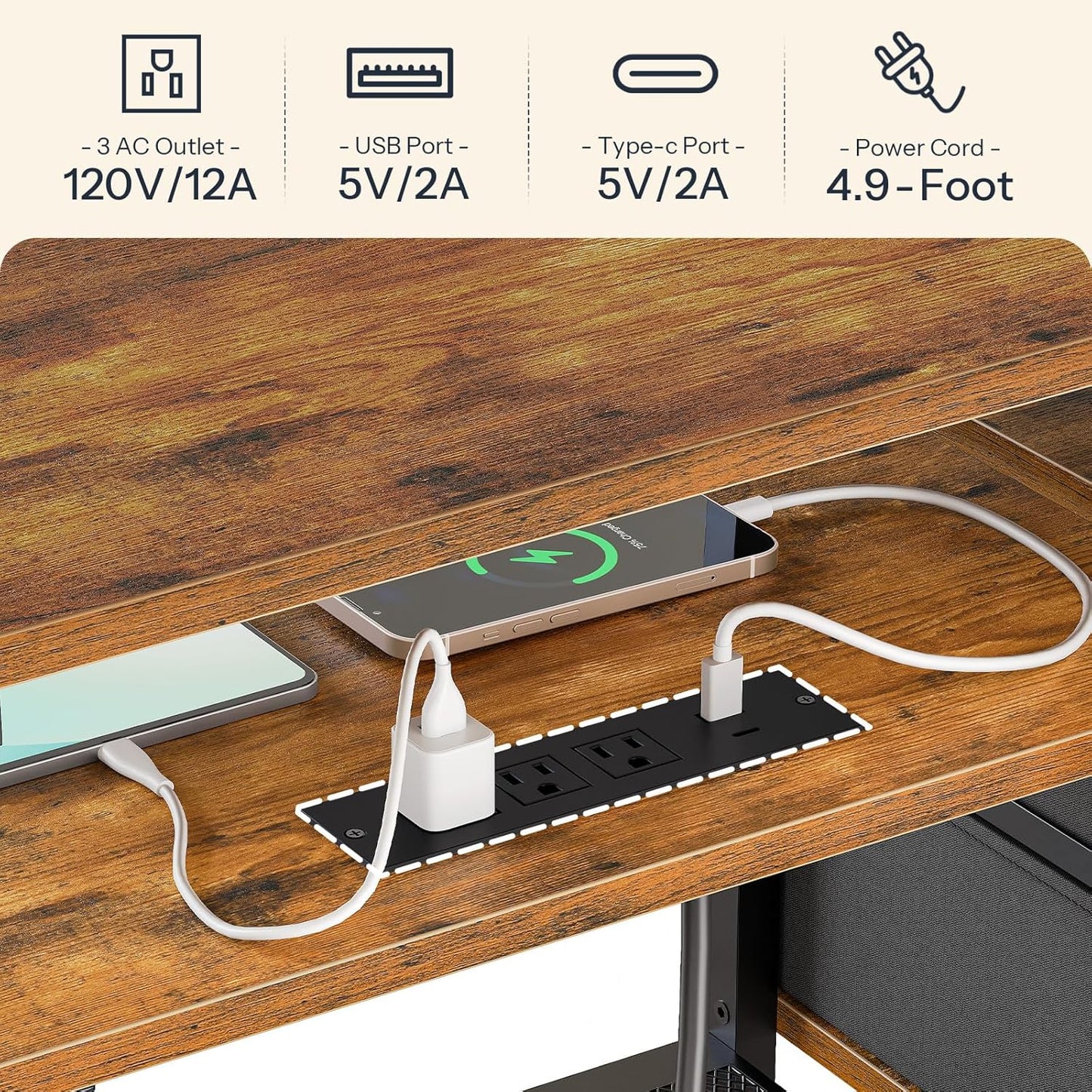 TV Stand with Power Outlet and LED Light, Entertainment Center for Tvs up to 75 Inch, Modern Media Console Table with 2 Non-Woven Drawers, for Living Room, Bedroom, Rustic Brown BF55UDDS01