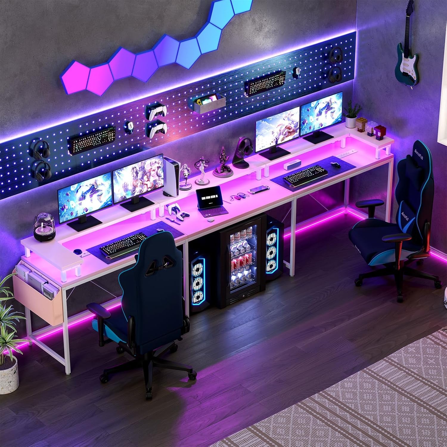 U-Shaped Computer Desk with Power Outlets & LED Lights 79 Inch Reversible L-Shaped Office Workstation, Full Monitor Stand, Spacious Corner Table for Home Office, Black
