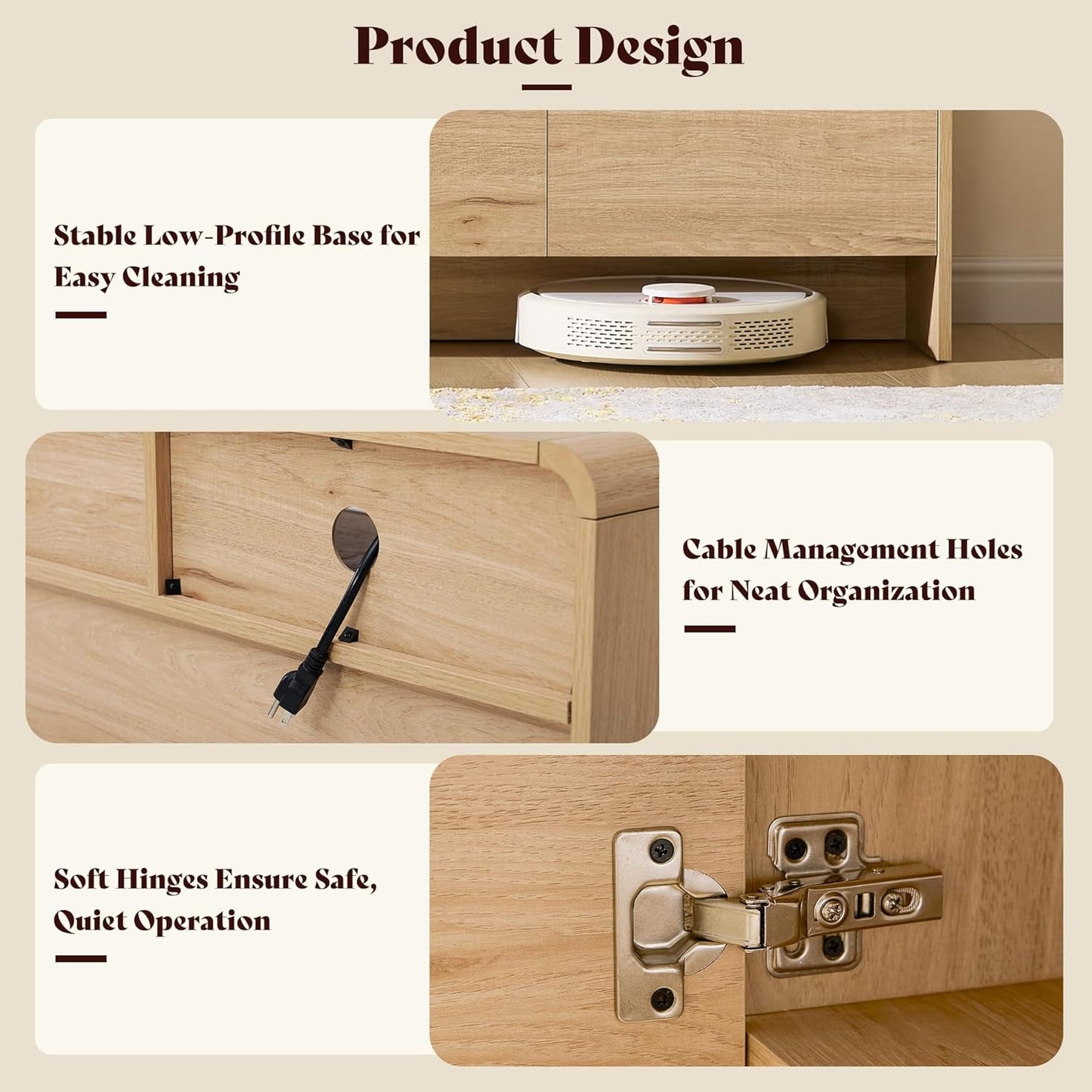 70" Modern TV Stand for Tvs up to 80", Wood TV Console with Curved Profile Design & 2 Storage Cabinets, Media Console Entertainment Center for Living Room, Natural Oak