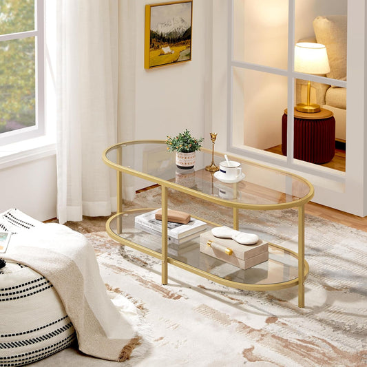 42" Oval Glass Coffee Table for Living Room, 2-Tier Center Table with Storage Shelf for Small Space, Office