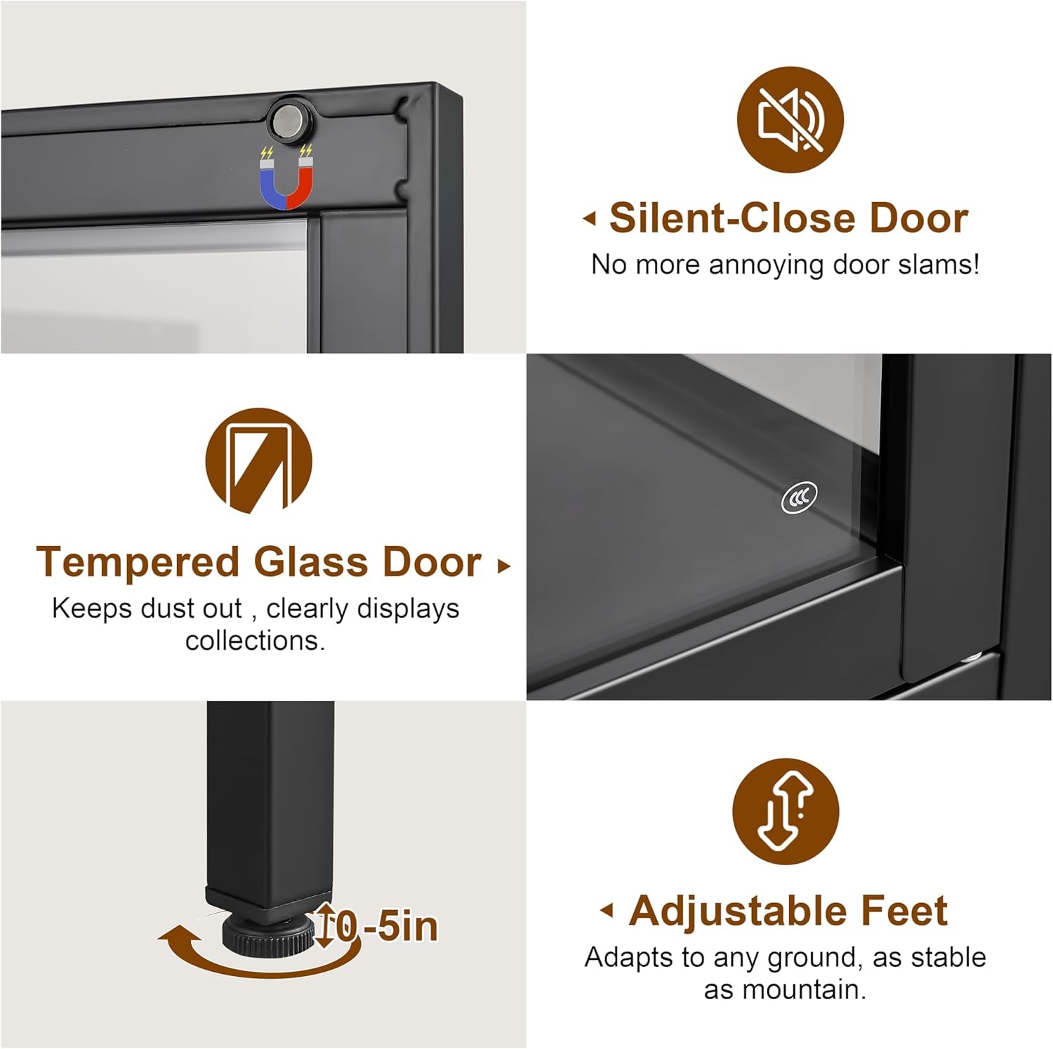 Glass Display Cabinet 4-Tier, Display Cabinet with Glass Doors, Curio Cabinet with Tempered Glasses Doors,Metal Storage Cabinets for Living Room, Plant, Assembly Required, Black