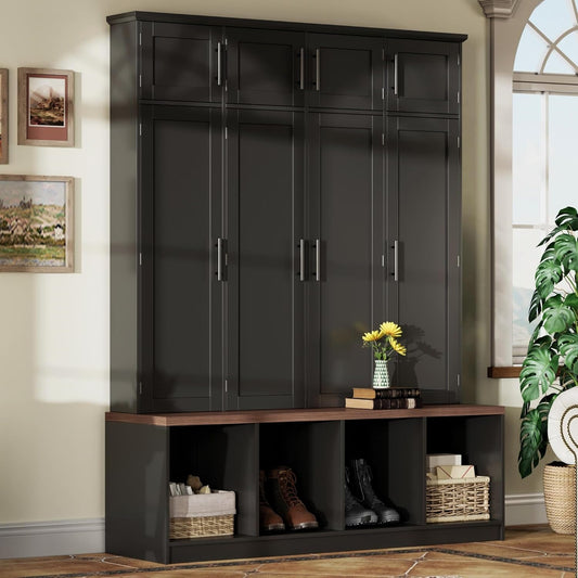 Hall Tree with Entryway Bench and Shoe Cabinet, Multi-Functional Seating Bench with 4 Hanging Hooks and 8 Doors, Black