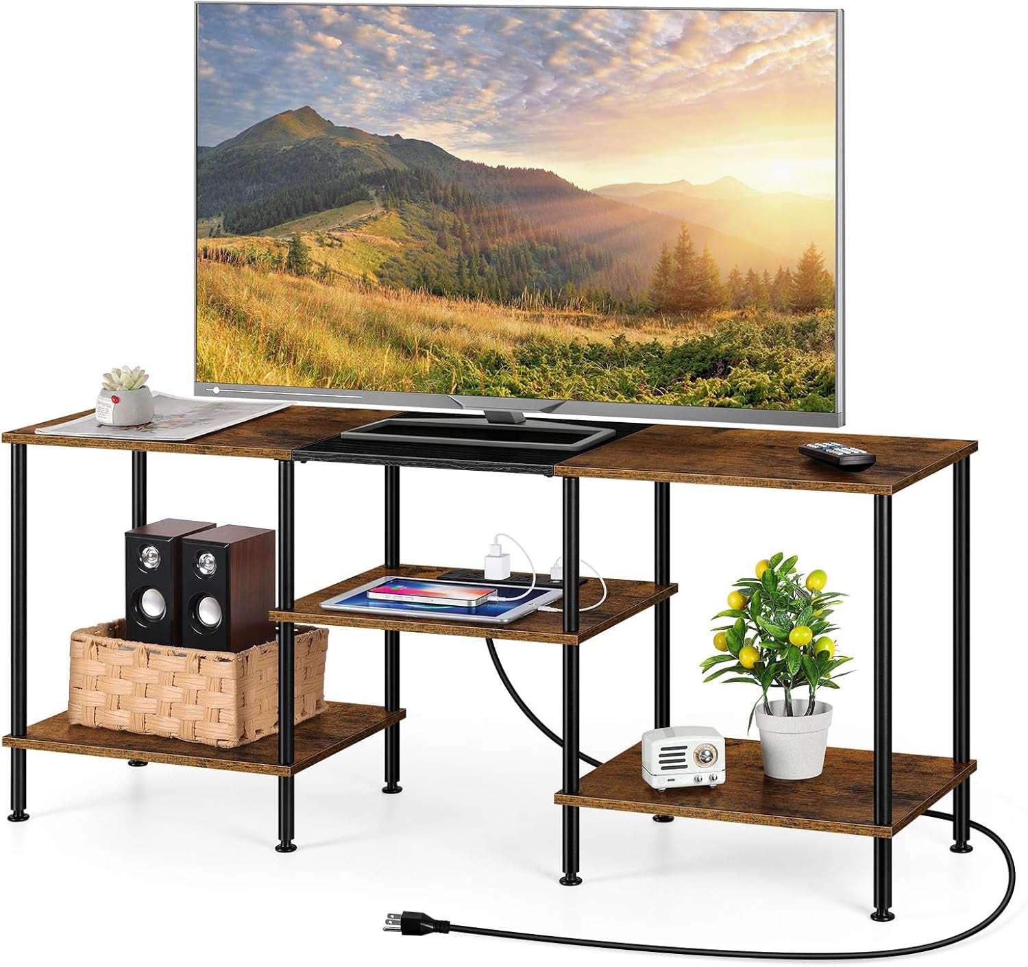 Small TV Stand for Living Room up to 50 Inch Farmhouse TV Media Entertainment Center with Power Outlets & Storage Shelf Rustic TV Console Table for Bedroom, Rustic Brown