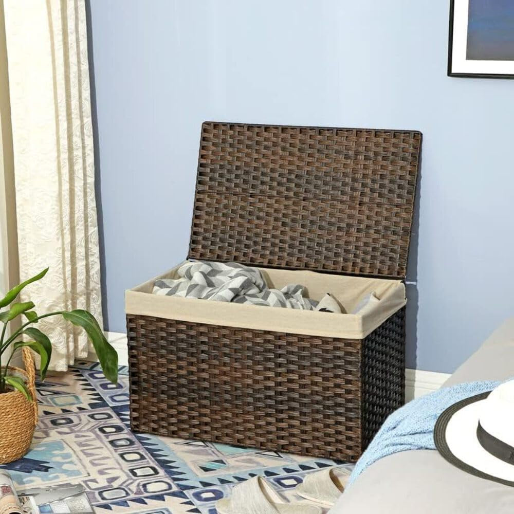 Storage Basket with Lid, 42.3 Gallon (160L) Storage Bin, Woven Blanket Storage Basket with Handles, Foldable, Removable Liner, Metal Frame, for Bedroom, Laundry Room, Brown URST76BR