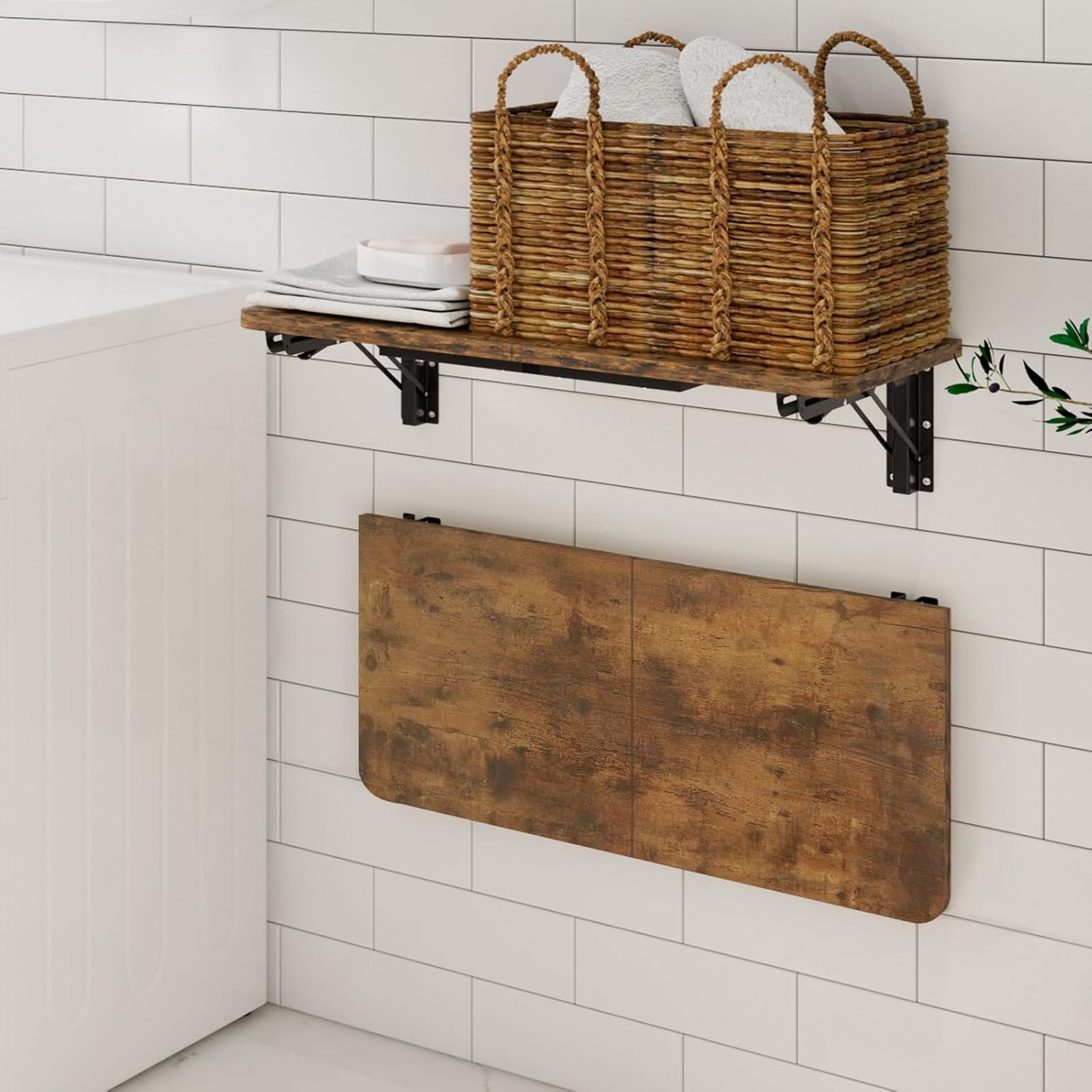Wall Mounted Folding Table, Rustic Brown Floating Wall Desk for Small Spaces, Drop Leaf Dining Table for Kitchen Fold down Laundry Shelf with Heavy-Duty Brackets