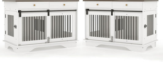 Dog Furniture Crate, 47" Large Dog Crate Furniture W/ 2 Storage Draws & Removable Divider for Large/Medium/Small Dogs (White, Double Cage)