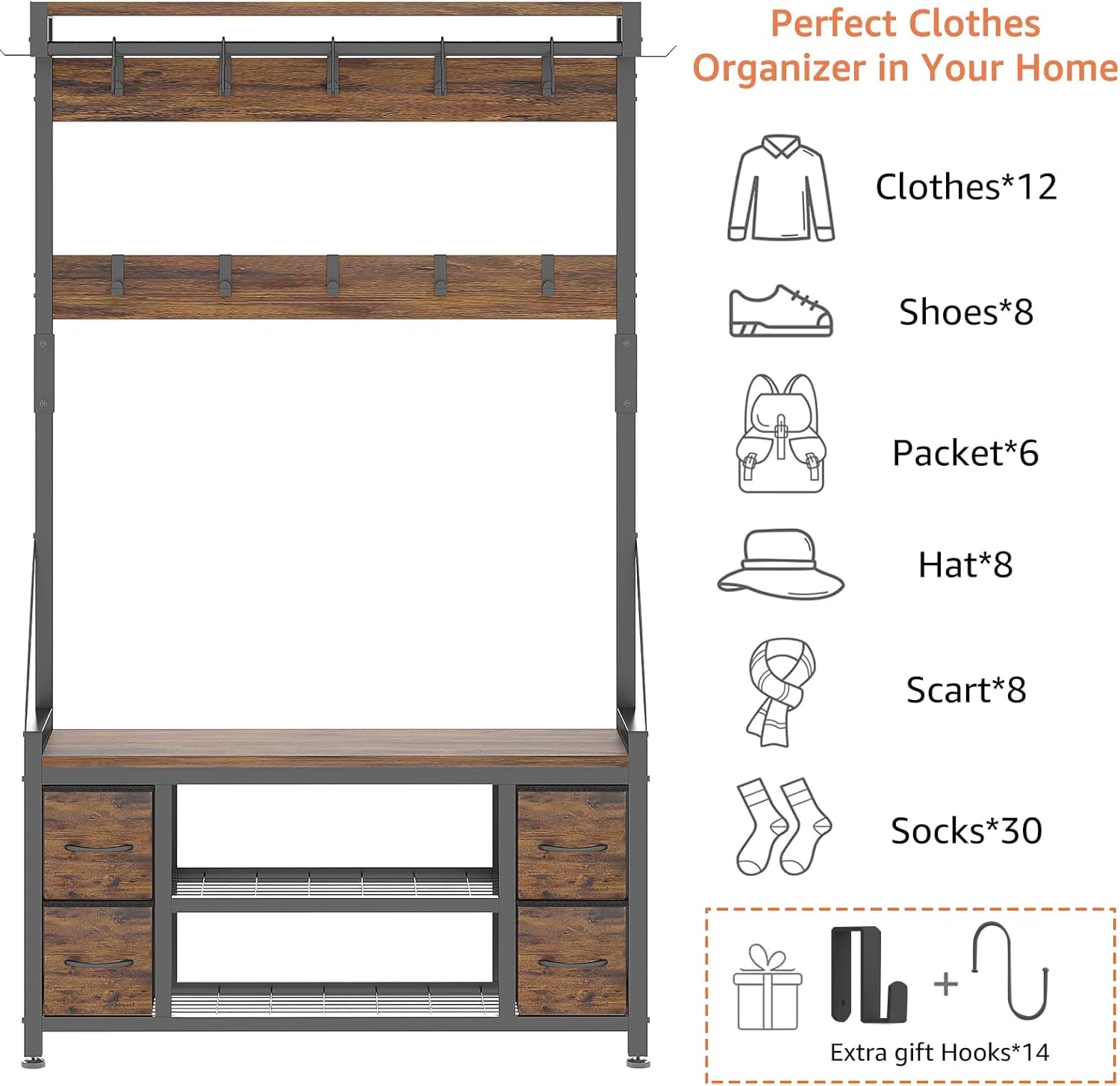 39" Hall Tree with Storage Coat Rack Freestanding Entryway Furniture Bench, 5 in 1 Design Front Door Shoe Rack and Wall Rack Hooks, and 4 Drawers (Rustic Brown)