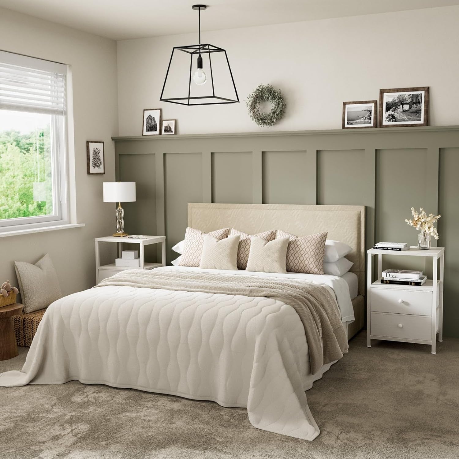 White Nightstand with Charging Station, LED Night Stand with 2 Fabric Drawers, Bedside Table with USB Ports and Outlets, Nightstand for Bedroom Modern