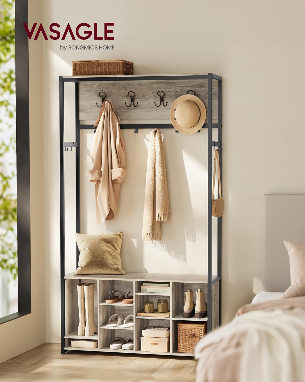 Hall Tree with Bench and Shoe Storage, Coat Rack with Shoe Bench, Entryway Furniture, Open Compartments, Industrial Style, Space Saving, Heather Greige and Ink Black UHSR432G01