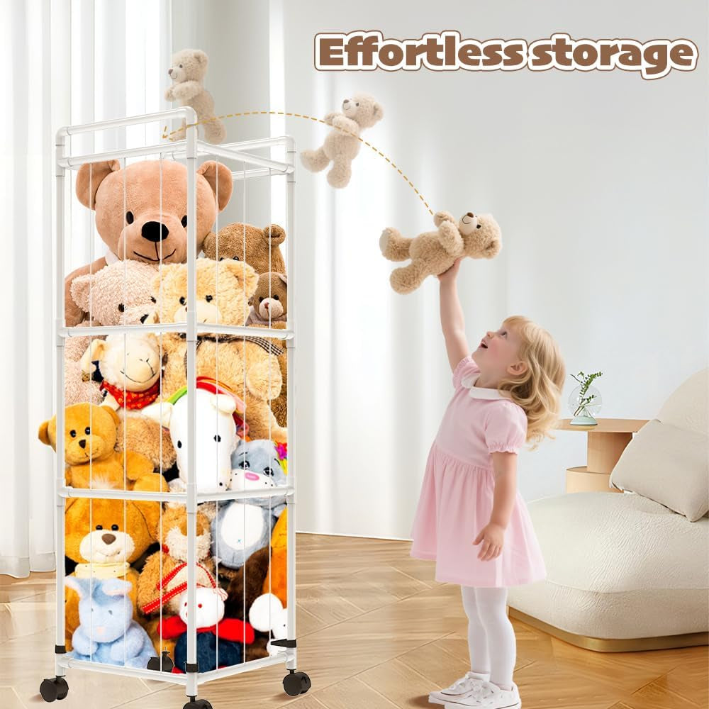 Stuffed Animal Storage with Storage Bags，Sturdy PVC Tubes，Toy Storage Organizer with Brake Wheels，Nursery Storage Shelf for Playroom Bedroom Nursery Room Kids Room