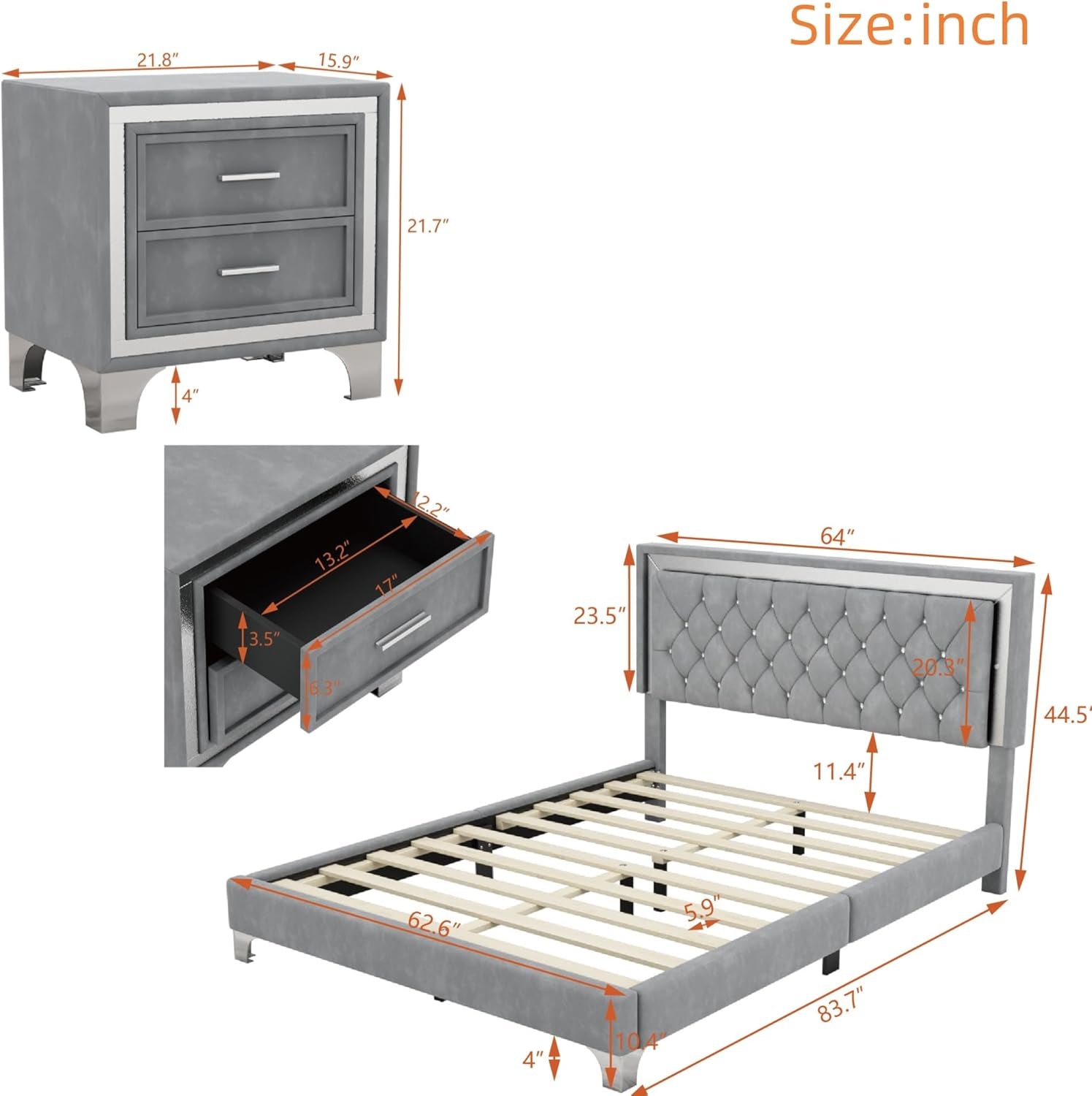 3-Piece Queen Bedroom Set, Upholstered Platform Bed with LED Lights and 2 Nightstands, Modern Gray