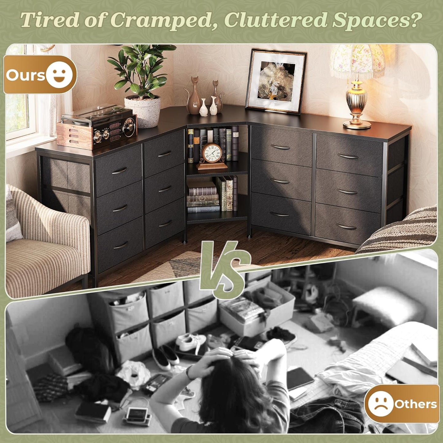 48 Inch Black Dresser for Bedroom, Corner TV Stand for 43, 55 Inch TV, L Shaped Chest of Drawer with Storage and Open Shelves, 12 Drawer Fabric Dresser for Closet, for Small Place