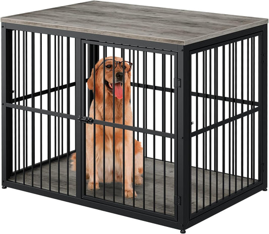 43'' XL Dog Crate Furniture with 3 Doors, Wooden Crate Combination Pet Cage, Heavy Duty Indoor Kennel for Medium to Large Dogs, Grey