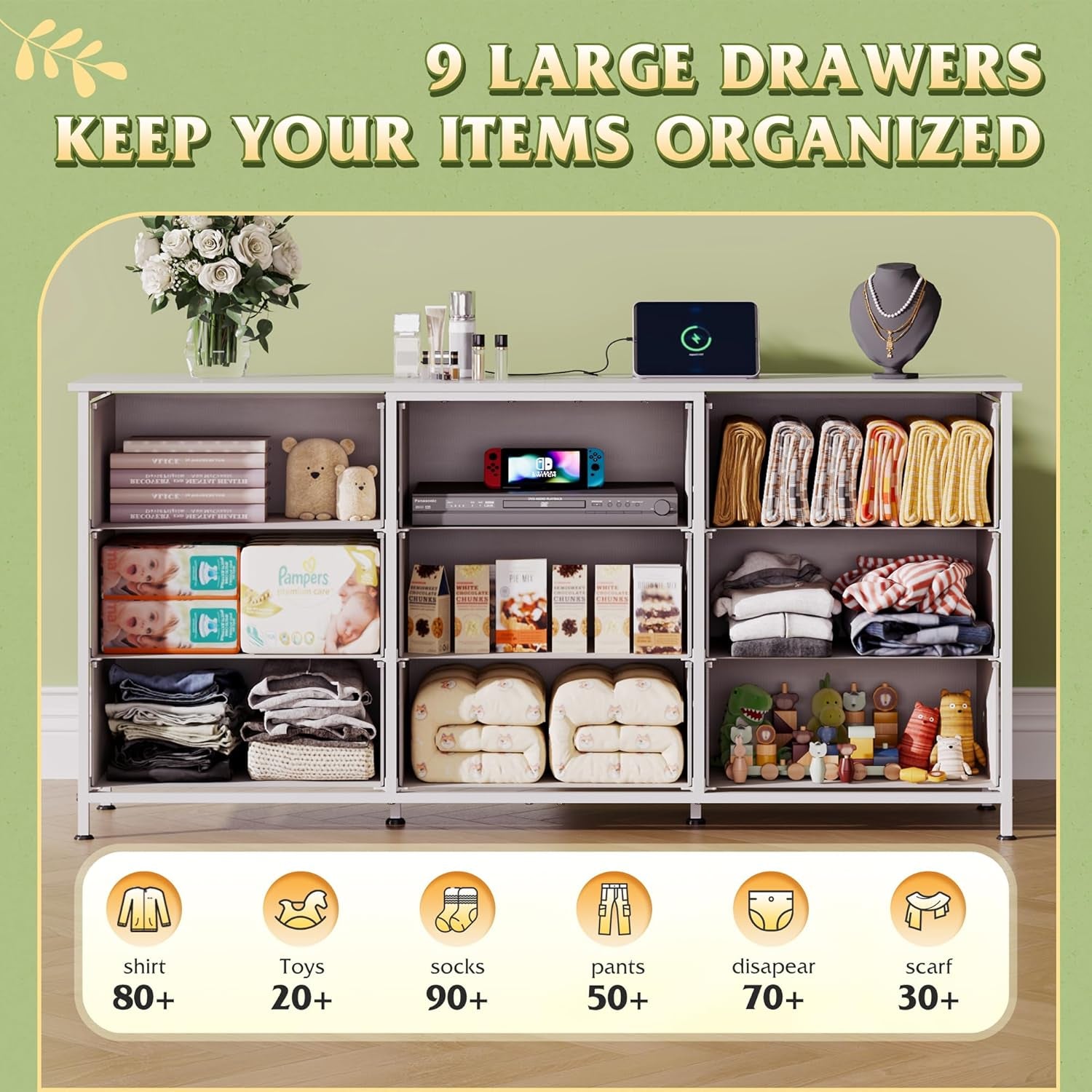 54''W Dresser for Bedroom, White Dresser TV Stand for 55, 60, 65 Inch TV, Wide Chest of Drawers with 9 Drawer, Large Entertainment Center, Fabric Dressers with Wood Top for Closet, Living Room