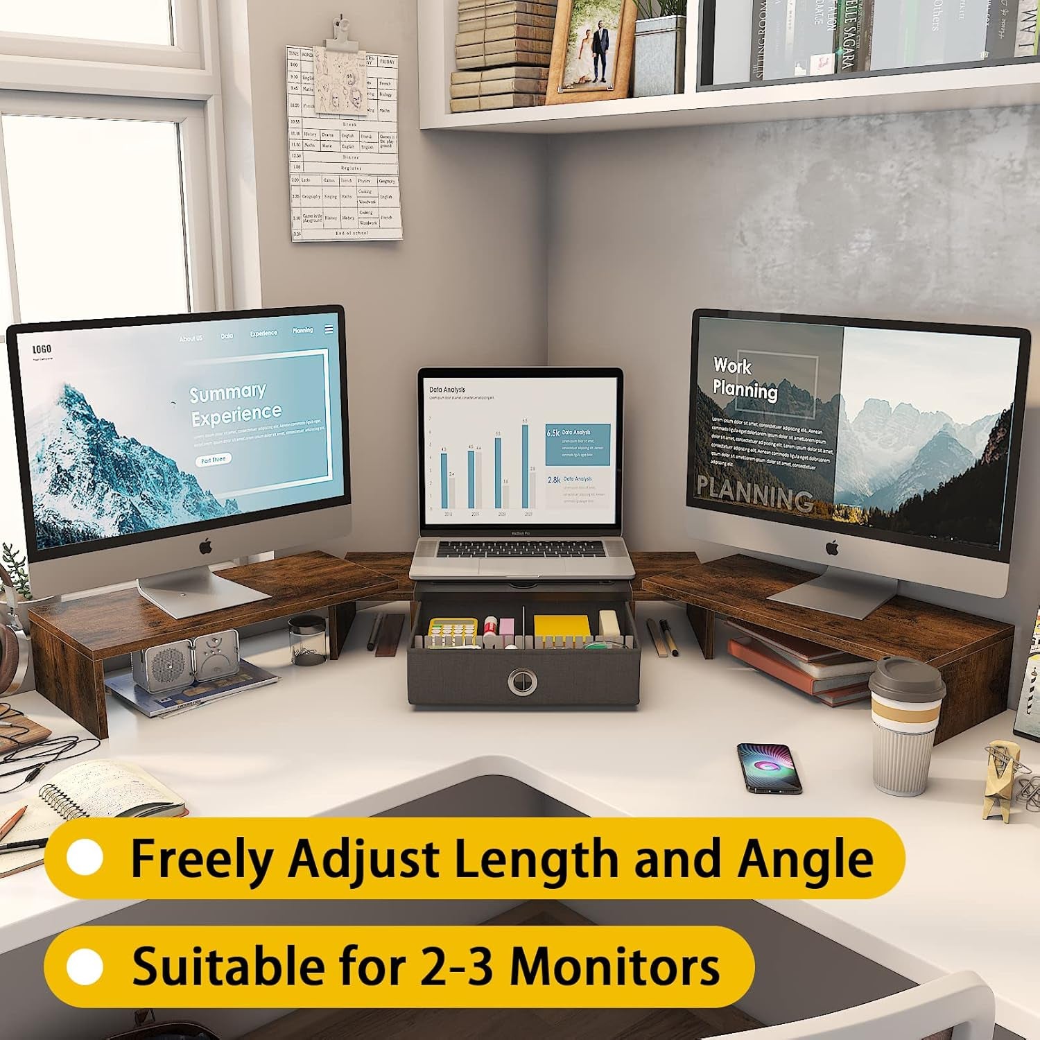 Triple Dual Monitor Stand Riser with Drawer,Extra Large Adjustable for 2~3 Monitors,Solt for Phone & Tablet, Desktop Organizer Stand for Computer,Laptop,Printer,Tv