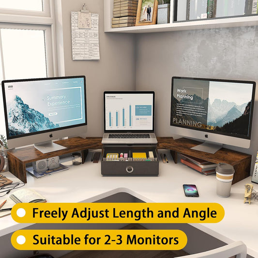 Triple Dual Monitor Stand Riser with Drawer,Extra Large Adjustable for 2~3 Monitors,Solt for Phone & Tablet, Desktop Organizer Stand for Computer,Laptop,Printer,Tv