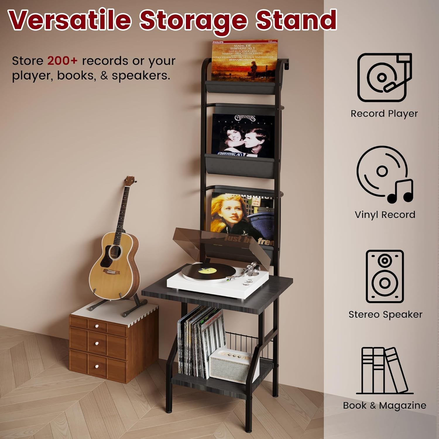 Record Player Stand with Vinyl Storage, Record Player Table Holds up to 200 Albums, 5-Tier Turntable Stand for Living Room, Black
