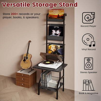 Record Player Stand with Vinyl Storage, Record Player Table Holds up to 200 Albums, 5-Tier Turntable Stand for Living Room, Black