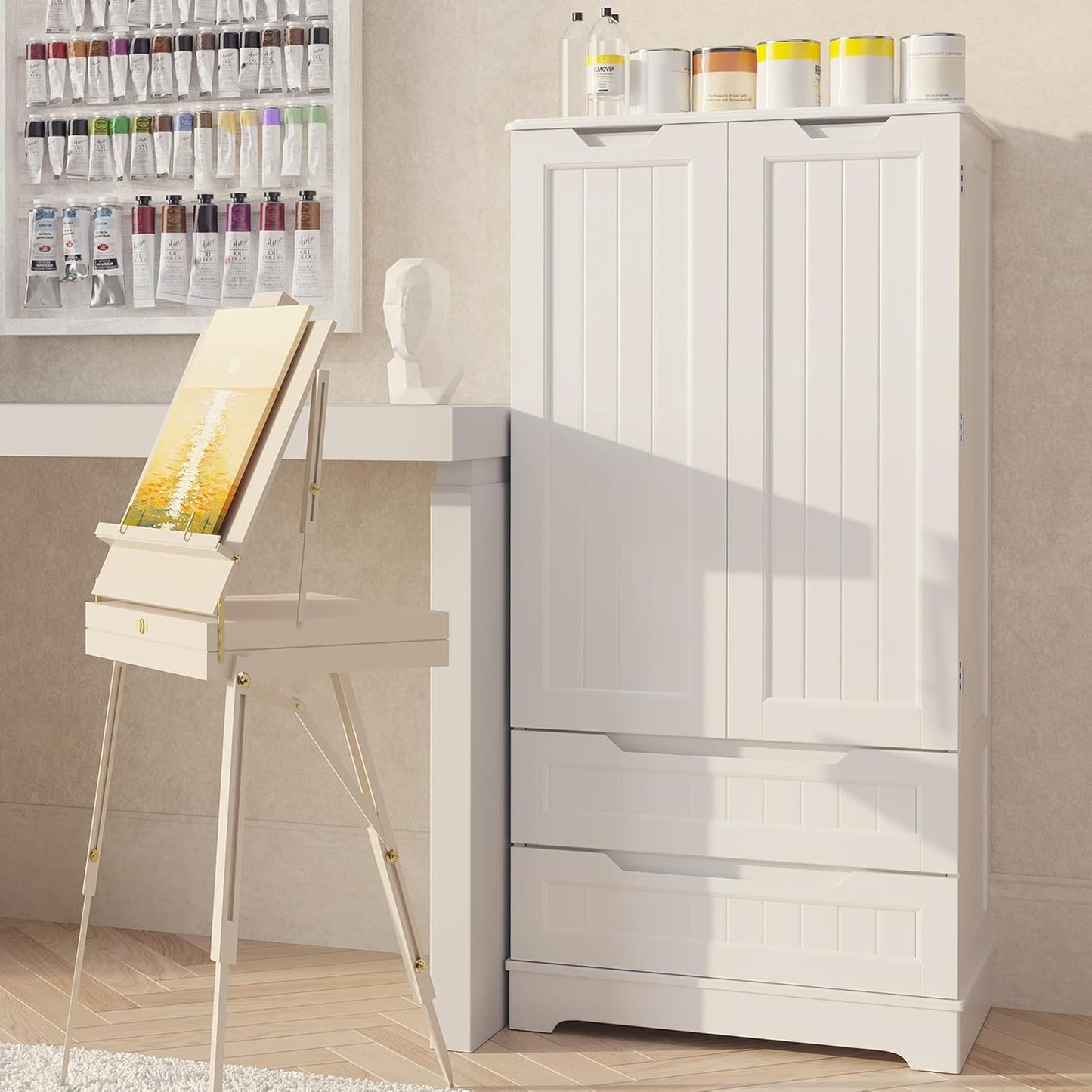 Kitchen Pantry Storage Cabinet with Drawers Freestanding Bathroom Storage Cabinets with Doors and Shelves, 47" Small Food Pantry Cabinet for Dining Room Craft Room, White
