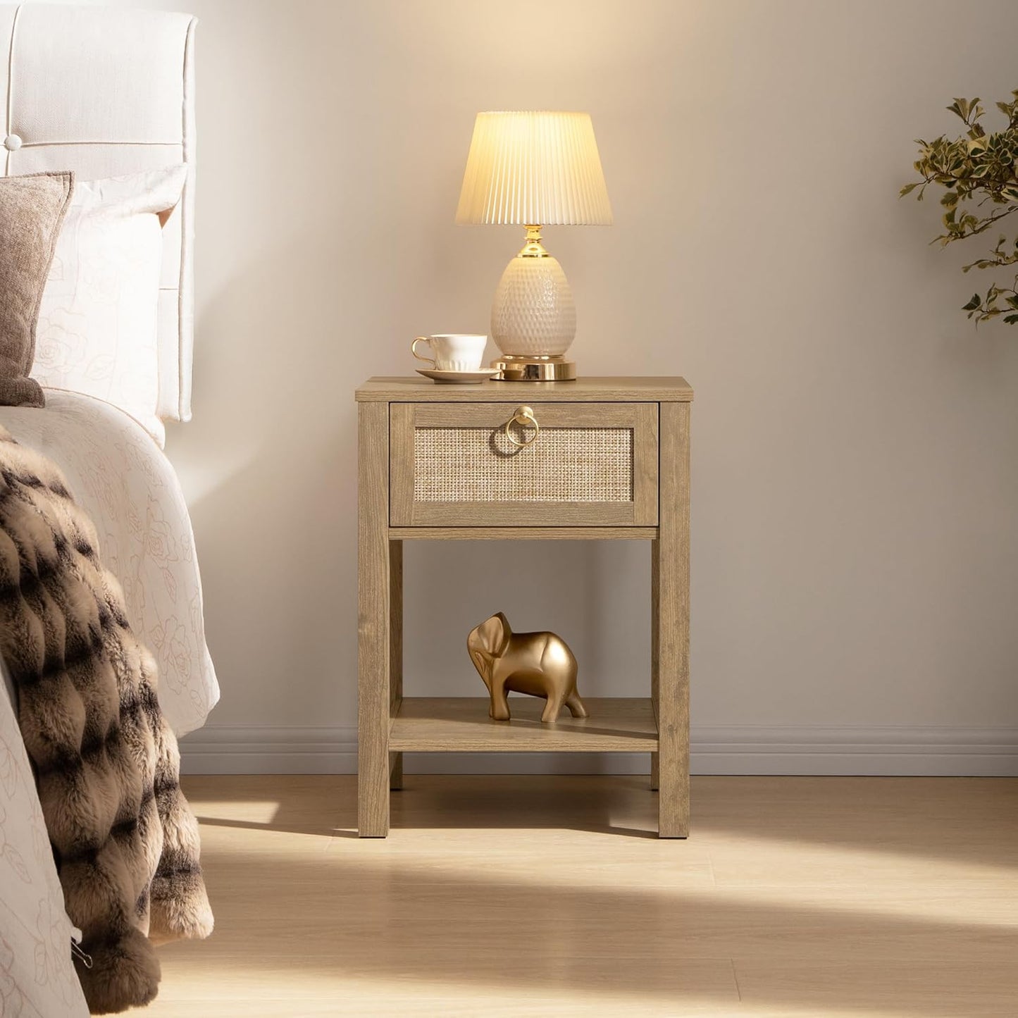Rattan Nightstand Set of 2, Rattan Decor Drawer with Brass Knobs Night Stand Bedside Table Boho End Tables Side Tables with Storage Shelf for Bedroom,Small Space