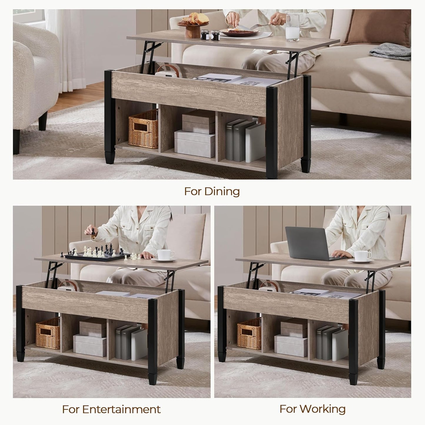 Gray Coffee Table, Lift Top Coffee Table with Hidden Compartment & Shelf, Lift up Dining Table for Living Room Reception, Retro Central Table with Wooden Lift Tabletop, 41 Inch L