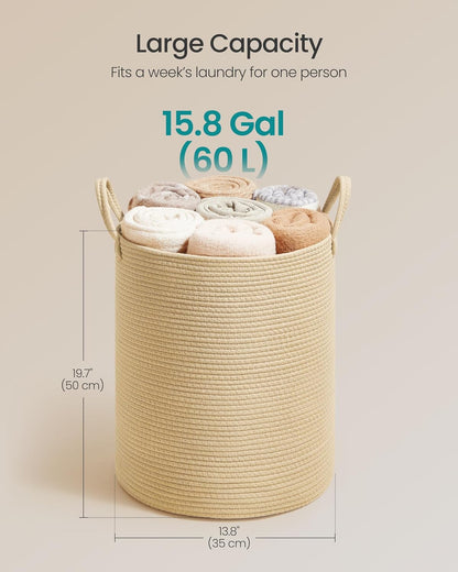 Laundry Hamper, Cotton Rope Laundry Basket with Handles, for Children, Toys, Clothing, Living Room, Bedroom, 15.8 Gallons, 13.8 X 13.8 X 19.7 Inches, Yellowish Brown URLH061KZ01