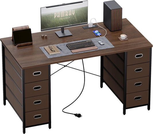 47 Inch Computer Desk with 8 Fabric Drawers PC Gaming Desk Home Office Study Work Writing Table for Bedroom Brown