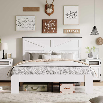 Queen Size Farmhouse Wooden Bed Frame with Headboard, Boho Platform Bedframe Sturdy Metal Slats Support, Spring Needed, Noisy Free, Easy Assembly (Queen, White)