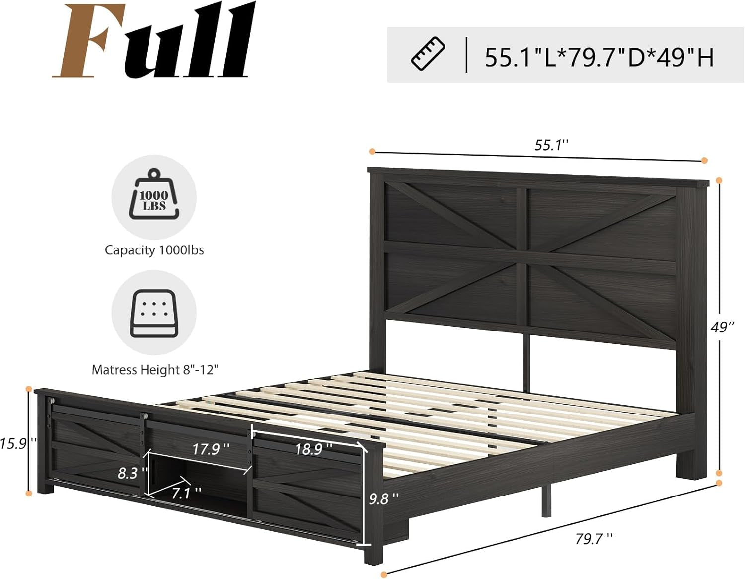 Farmhouse Full Size Bed Frame with Sliding Barn Door Storage, 49" Tall Headboard Wood Bed Frame, Rustic Platform Bed Frame Wooden Slats & Metal Support, No Box Spring Needed, Deep Brown