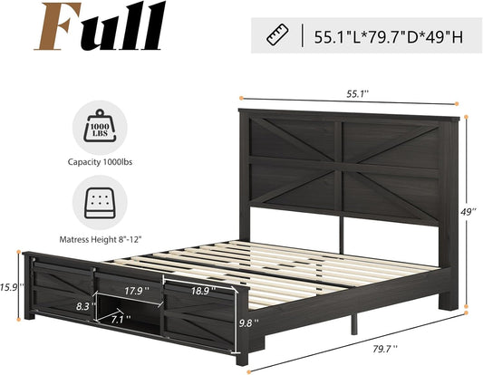 Farmhouse Full Size Bed Frame with Sliding Barn Door Storage, 49" Tall Headboard Wood Bed Frame, Rustic Platform Bed Frame Wooden Slats & Metal Support, No Box Spring Needed, Deep Brown