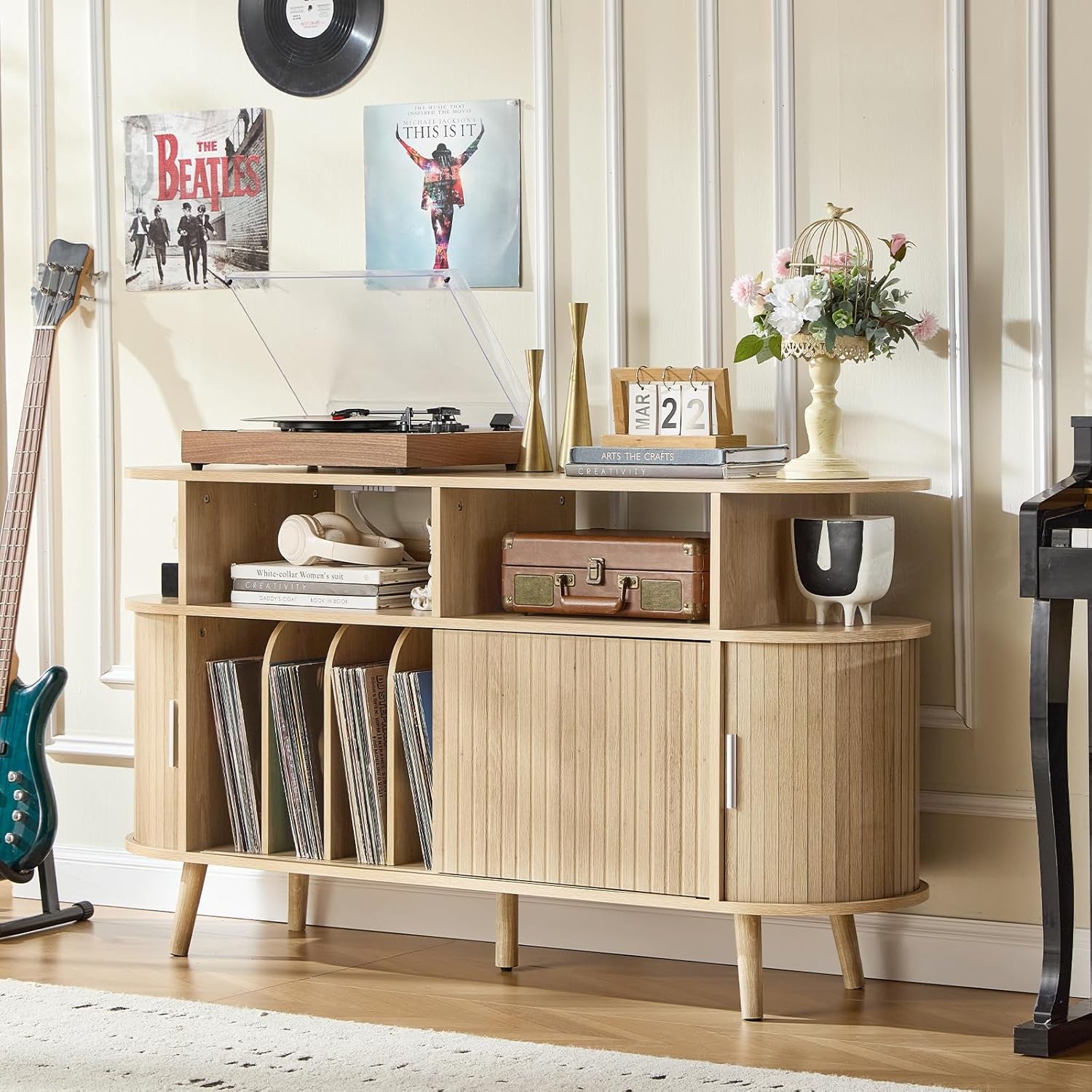Large round Record Player Stand with Charging Station & Fluted Panel, Natural Mid Century Modern Turntable Cabinet with Vinyl Storage, Arched Wood Record Player Table for Living Room